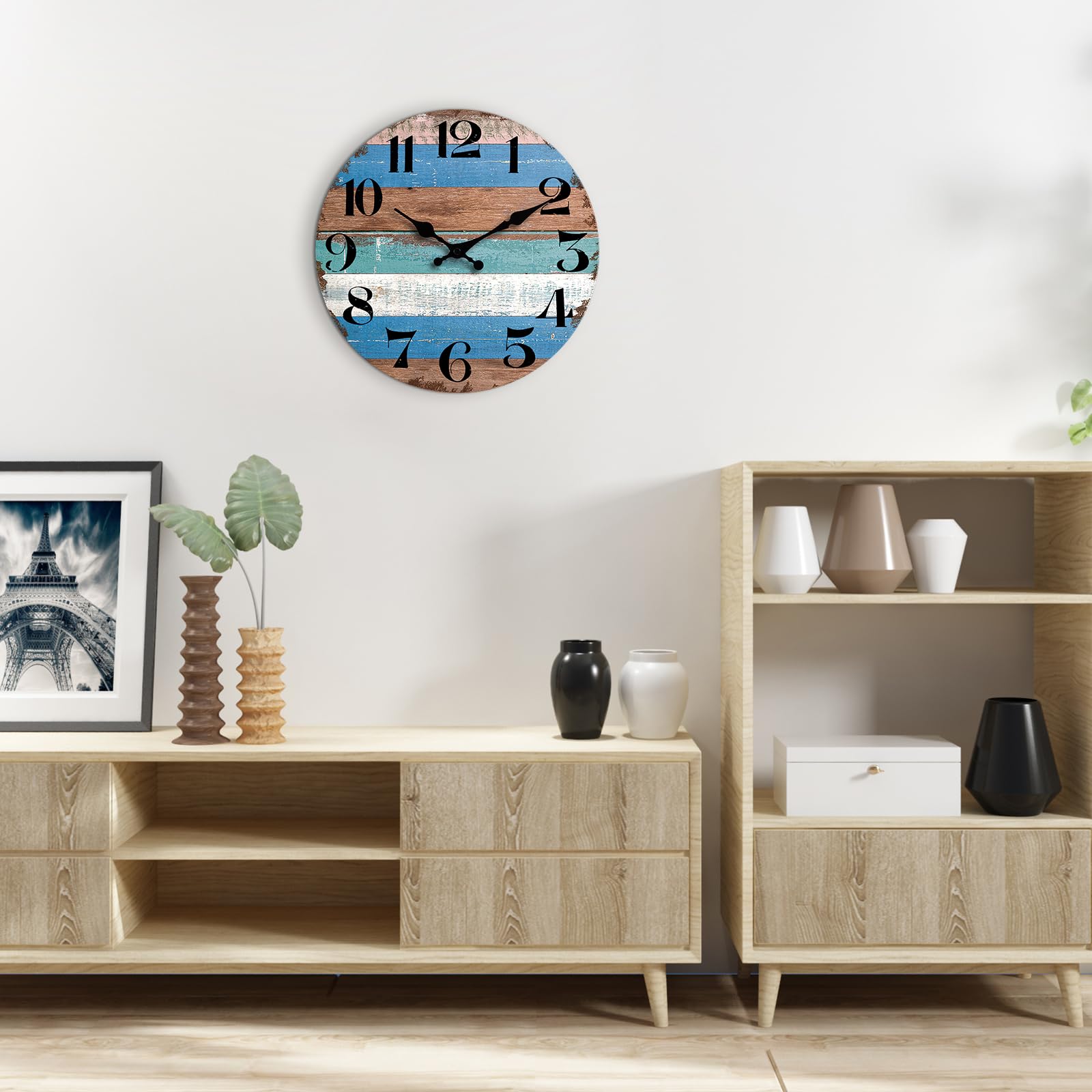 Wall Clock 10 Inch Countryside Wall Clock Rustic Wooden Wall Clocks Retro Vintage Style Silent Non Ticking Battery Operated Decorative for Living Room,Kitchen,Bedroom,Office,Bar(Blue)